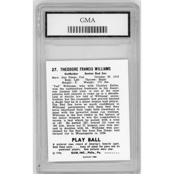 1940 Playball Reprint # 27 Ted Williams Boston Red Sox GMA 10 - Picture 2 of 2